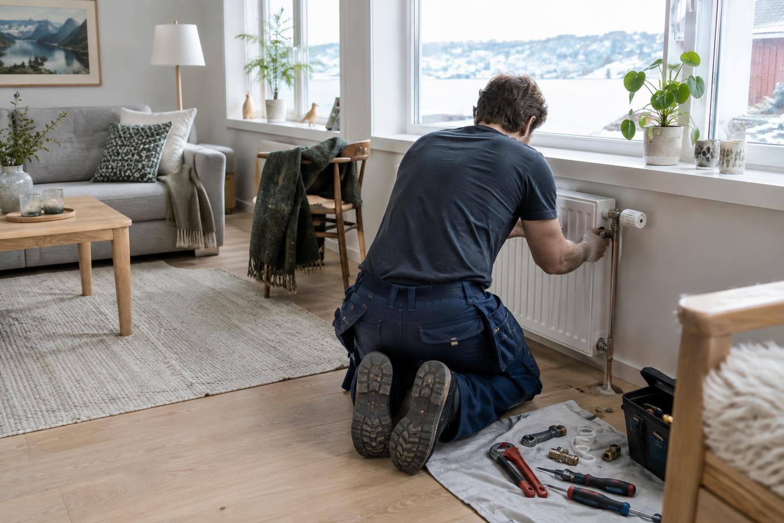 Rørlegger monterer radiatorventil i en stue